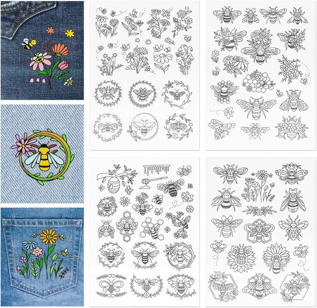 4-Blatt-Set Bienen- und Blumen-Stickerei-Stabilisator aus wasserlöslichem Selbstklebepapier in Weiß für Handstickerei und DIY-Bastelarbeiten - Bild 1