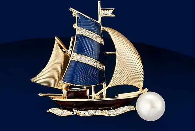Brosche Segelboot, Perlen, blau, Damen - Bild 1