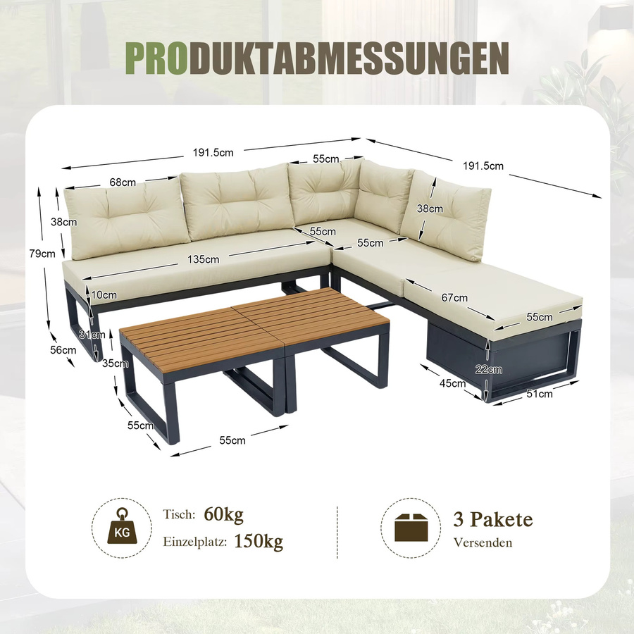LVHOM Modulares L-förmiges Outdoor-Ecksofa mit Aluminiumrahmen, Holztisch und Kissen in Beige und Weiß, wetterfestes Garten- und Terrassen-Set mit Stauraum - Bild 2