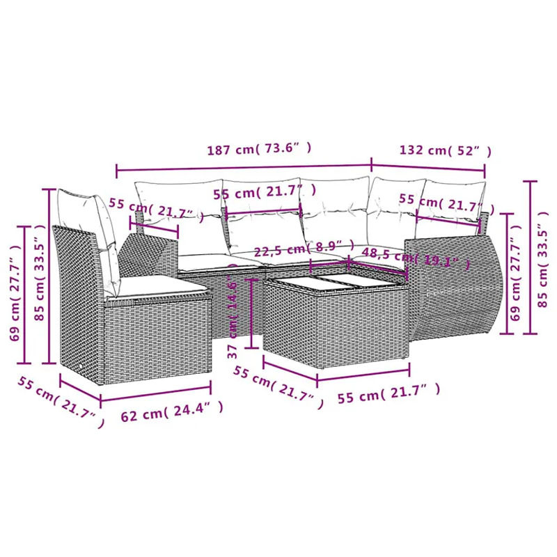 vidaXL 6-tlg. Garten-Sofagarnitur in L-Form aus Poly-Rattan mit Kissen, Schwarz - Bild 4