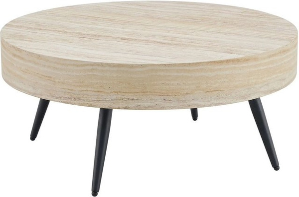 okwish Couchtisch in Rundform mit Metallbeinen und Travertin-Holzfolie, Farbe: Beige/Schwarz, B/T/H: 70 x 70 x 35,5 cm