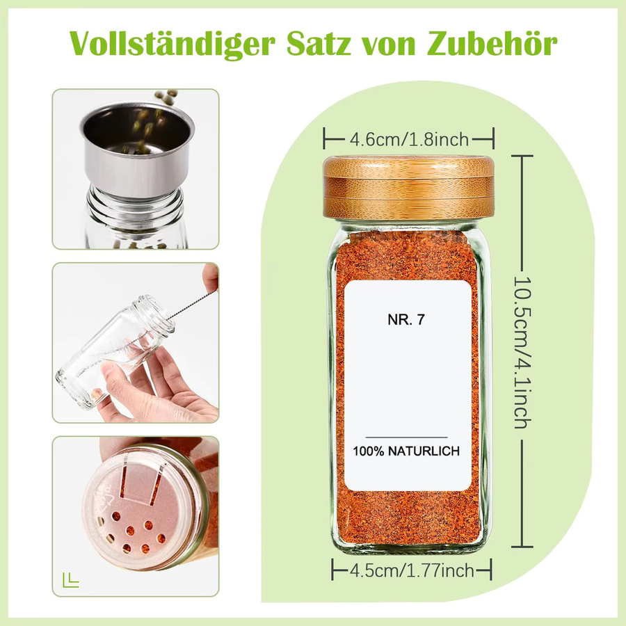 SIAZIH Gewürzglas-Set aus Glas mit Bambusdeckel, 12 Stück, transparent, 120 ml - Bild 3