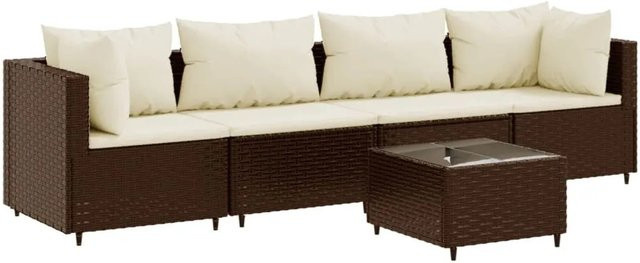 vidaXL 5-tlg Garten-Lounge-Set in L-Form mit Kissen, Braun und Weiß, Poly Rattan und Metallgestell - Bild 1