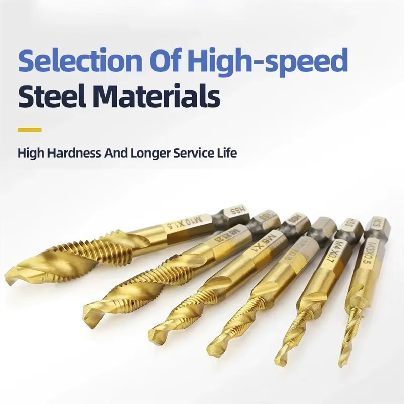 Tap Titan 6er Set HSS Gewindeschneider Bits mit Sechskantschaft für metrische Gewinde M3-M10 in Grau und Gold - Bild 1