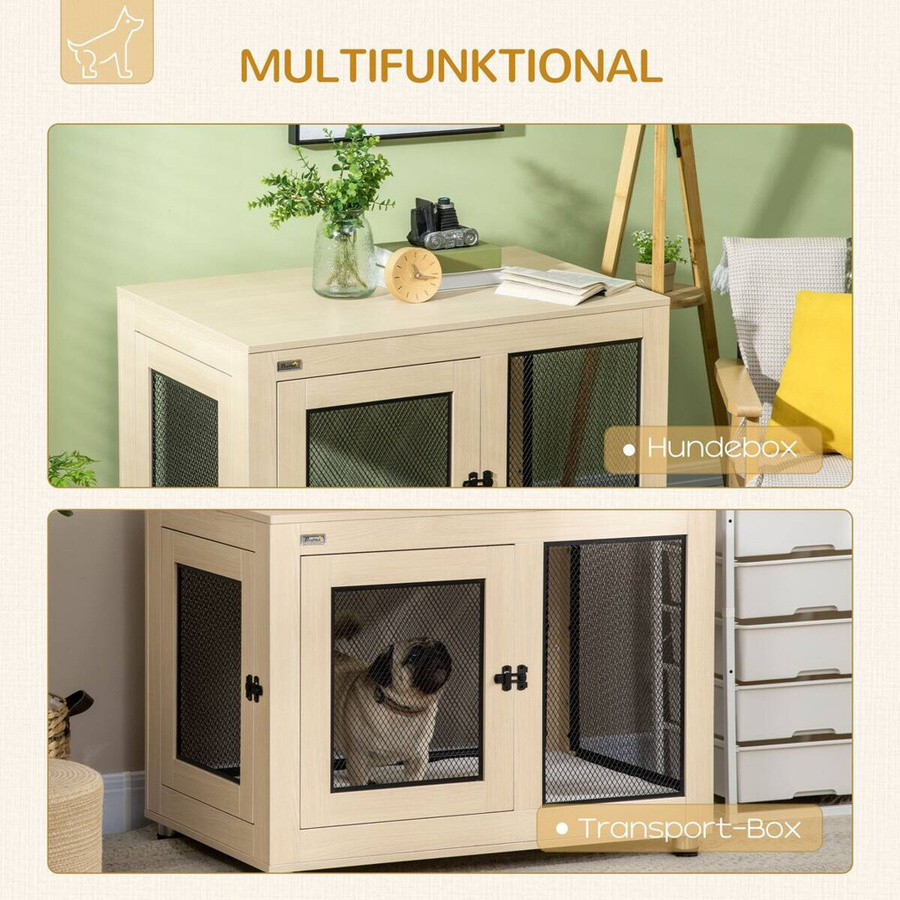 PawHut Hundekäfig mit Kissen und 2 Türen in Eiche, B/T/H: 60 x 94 x 71,5 cm - Bild 2
