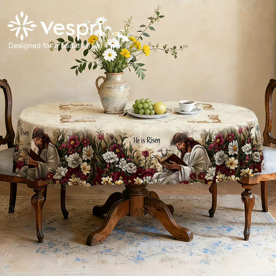 Vespri Oster-Tischdecke in Weiß und Beige mit floralem Muster für Party und Dekoration - Bild 2