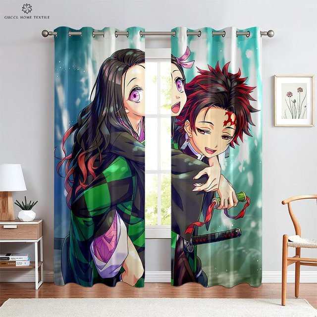 Yiran Furniture Vorhänge mit japanischen Cartoon-Prints für Kinder, 2er-Set, halbtransparent, Mehrfarbig, Breite: 120 cm, Höhe: 270 cm - Bild 1