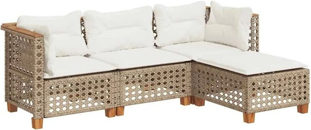 vidaXL 4-teilige Garten-Sofagarnitur aus Poly-Rattan und Akazienholz in Beige mit Kissen - Bild 1