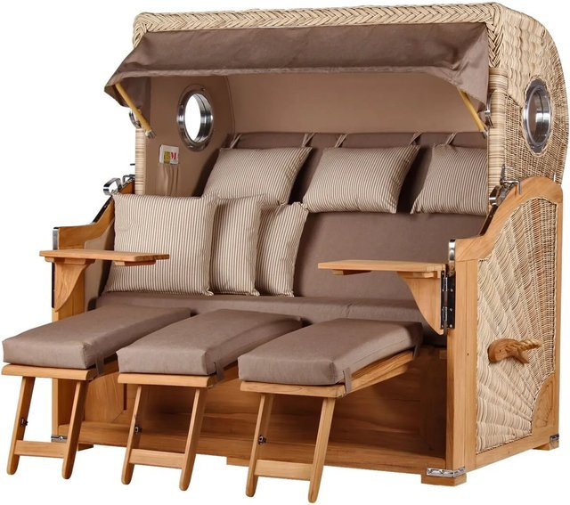 bene,iving Strandkorb Komplettset Königssee 3 Sitzer aus Teakholz mit PE Shell Modell 534, Braun, inklusive Liftersystem, Schutzhülle, Doppelrollen und Glasbecherhalter - Bild 1