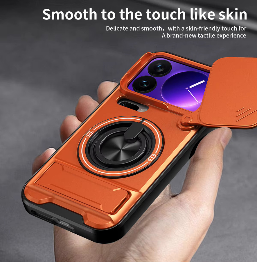 Stoßfeste Panzer-Handyhülle für Xiaomi 17 Pro Max 5G und 17 Ultra mit Kameraschutz, aufklappbarem Ständer und magnetischer Abdeckung in Schwarz und Orange - Bild 5