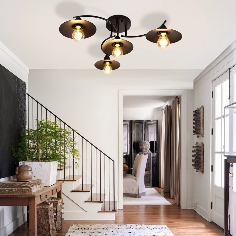 Cliheet Industrie-Deckenleuchte im Vintage-Design, Schwarz, 4-flammig, E27, Metall - Bild 6