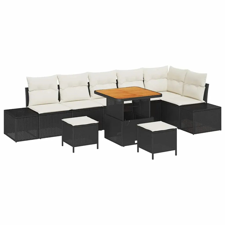 vidaXL Garten-Sofa-Set 9-teilig aus Poly-Rattan und Stahl in Schwarz mit Kissen und Akazienholz-Tisch - Bild 2