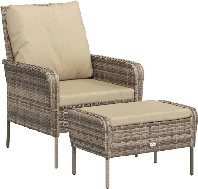 Furnicato Gartenstuhl mit Fußhocker aus Poly Rattan in Hellbraun mit Polsterkissen und Metallrahmen - Bild 1
