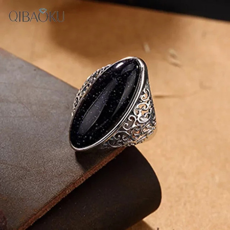 QIBAOKU Ring Damen, versilbert, Aventurin, Türkis, Vintage