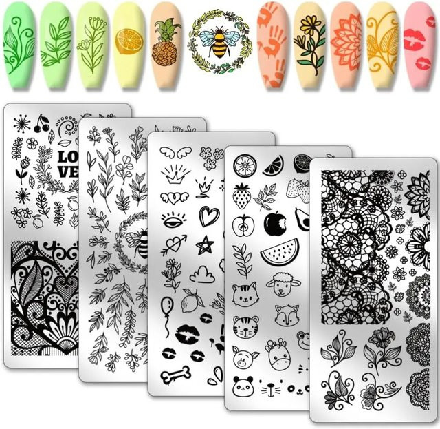 5 Stück Nagelstempelplatten Edelstahl, Nail Art Schablonen Mix Design - Bild 1