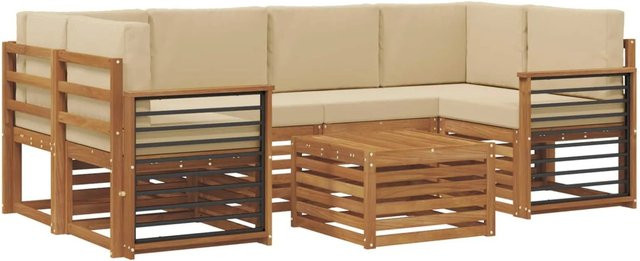 vidaXL Sofagarnitur 7-teilig aus Massivholz Akazie in Natur und Beige mit Polsterung und L-Form - Bild 1