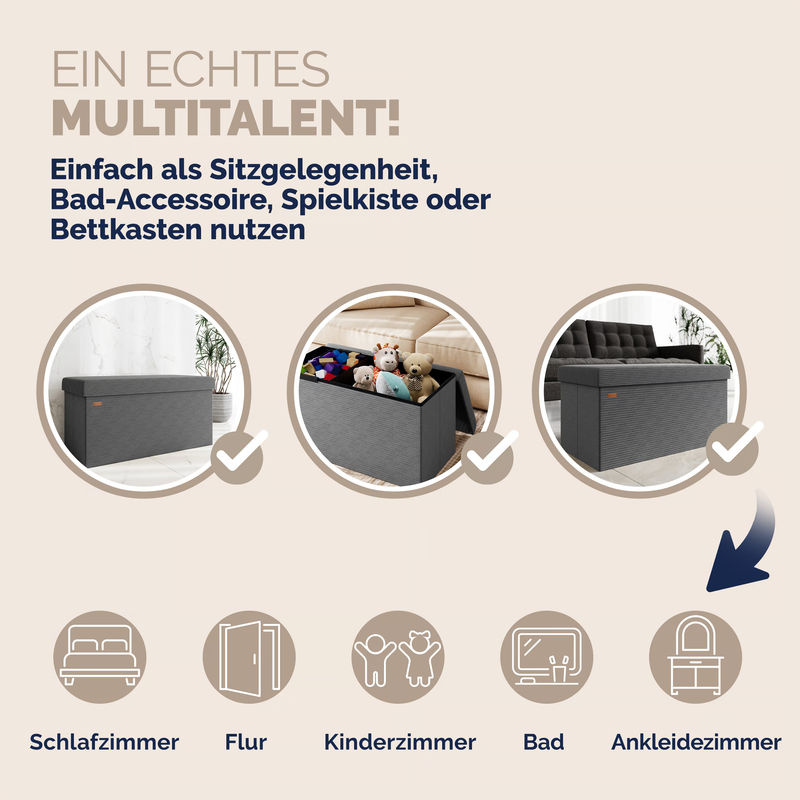 CASARIA Sitzbank aus Cord und MDF in Anthrazit, faltbar, B/T/H: 76 x 38 x 38 cm - Bild 5