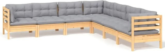 vidaXL 7-teiliges Garten-Lounge-Set aus massivem Kiefernholz in Braun-Grau mit grauen Polstern in L-Form - Bild 1