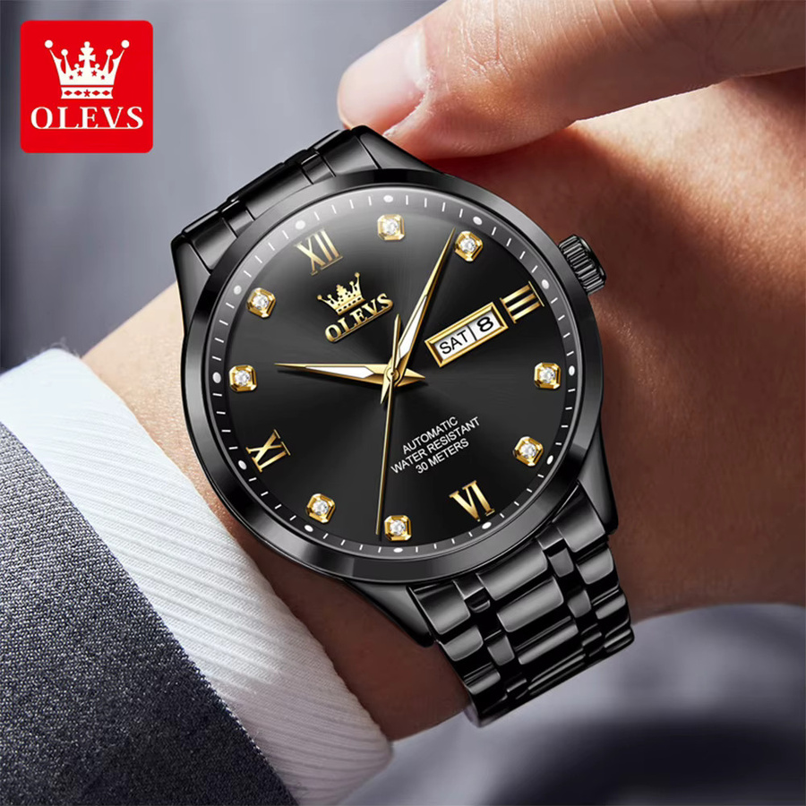 OLEVS Armbanduhr Automatik, Edelstahl, Gold, Diamant, Doppelkalender, Herren - Bild 4