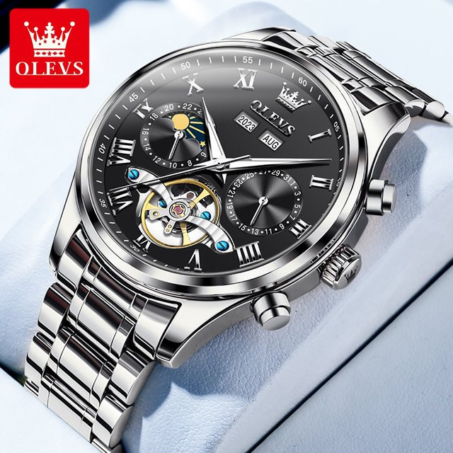 OLEVS Armbanduhr Automatik, Edelstahl, Schwarz, Silber, Herren - Bild 1