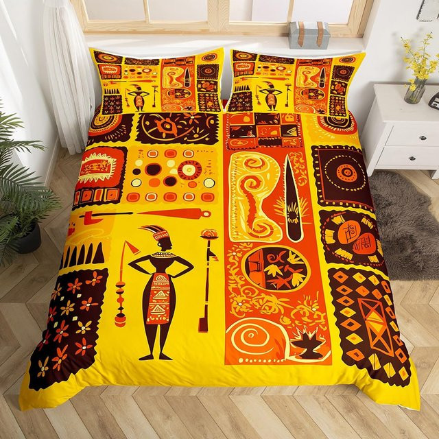 Binchi Outdoor Product Bettwäsche-Set mit afrikanischem Ethno-Blumenmuster in Braun und Multicolour, 3-teilig, B/H: 150 x 200 cm - Bild 1