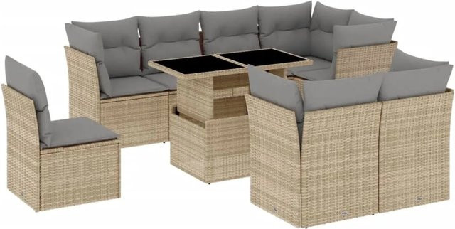 vidaXL 9-tlg Garten-Sofagarnitur in L-Form aus Polyrattan mit Kissen, Beige - Bild 1