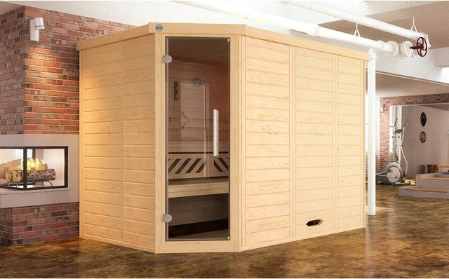 Weka Massivholzsauna Kemi Ecksauna aus Fichte mit BioS Glastür und 7,5 kW Sparset in Braun, B/T/H: 245 x 195 x 200 cm - Bild 1
