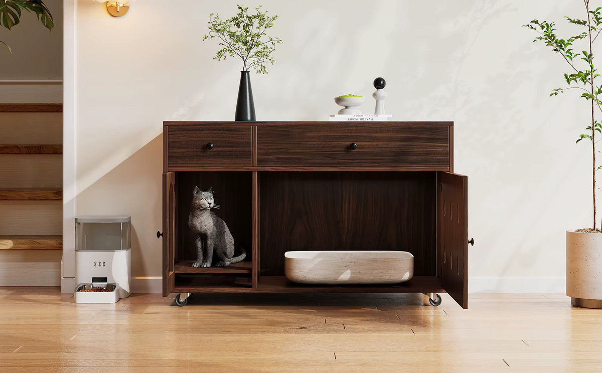 Svintora Katzenklo-Schrank aus MDF-Holz in Braun, Geruchsisoliertes Katzenhaus-Sideboard mit Aufbewahrungsschubladen und abnehmbarer Sandfangplatte, B/T/H: 100 x 45 x 66 cm - Bild 2