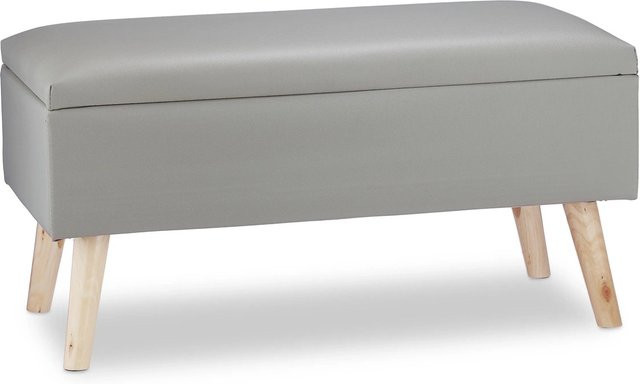 Relaxdays Sitzbank mit Stauraum aus Kunstleder und Eukalyptusholz in Grau, B/T/H: 80 x 40 x 39,5 cm - Bild 1