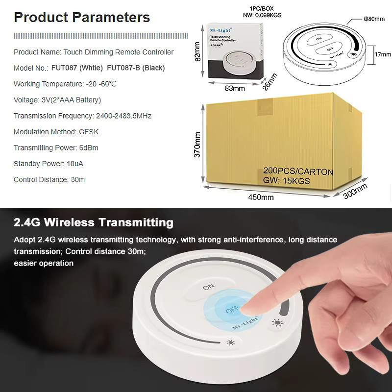 Miboxer FUT087 Wireless Touch Dimmer 2,4 GHz LED-Controller zur Helligkeitssteuerung für Miboxer Lampen - Bild 4