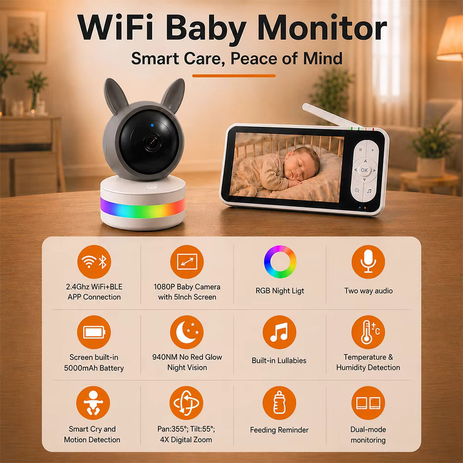 REHENTINT Tuya SmartLife Babyphone Kamera mit 5-Zoll-Bildschirm, 1080P FHD, Infrarot Nachtsicht und Schrei-Geräuscherkennung, Weiß, WLAN- und WLAN-freie Modi - Bild 2