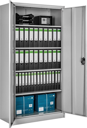 tectake Aktenschrank Blain aus pulverbeschichtetem Stahl mit Flügeltüren und höhenverstellbaren Einlegeböden in Grau, H: 180 cm, B: 80 cm, T: 40 cm