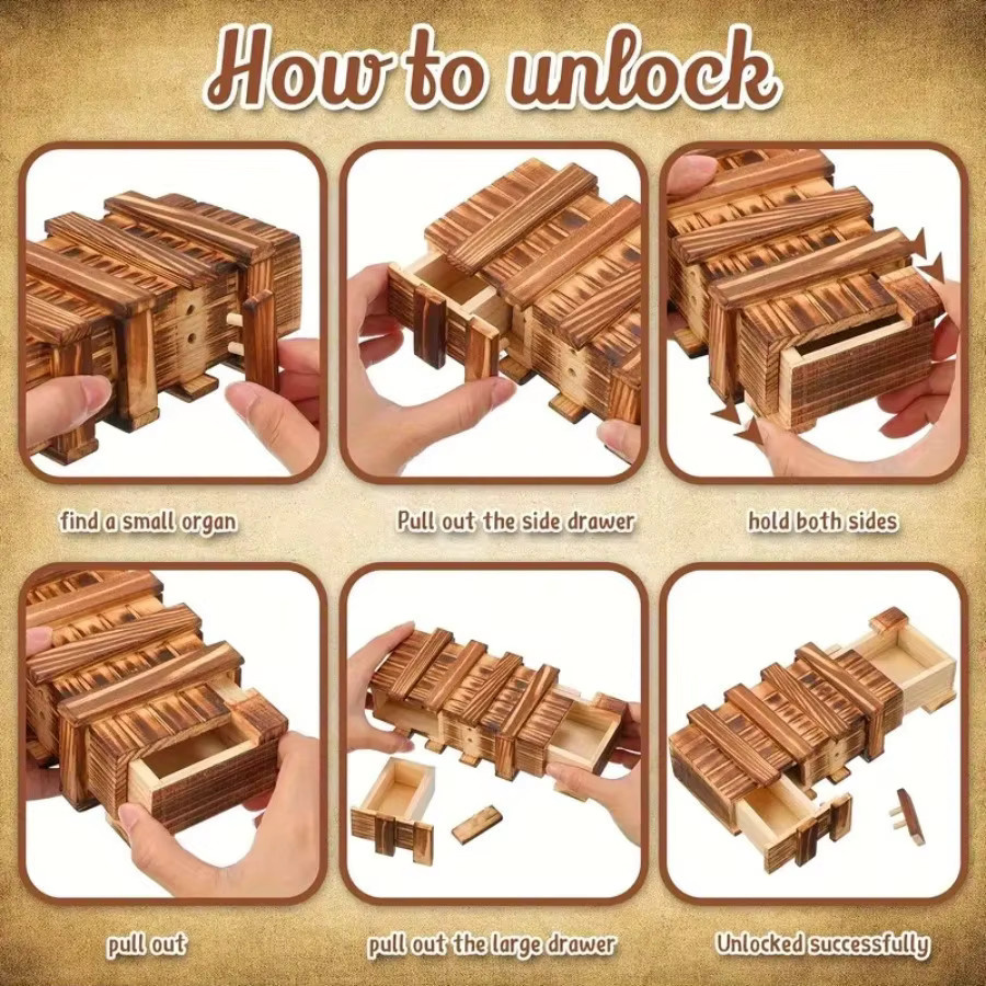 XYTLEZONE Vintage-Puzzleschachtel aus Holz, 3D-Rätsel, mit verstecktem Fach - Bild 4