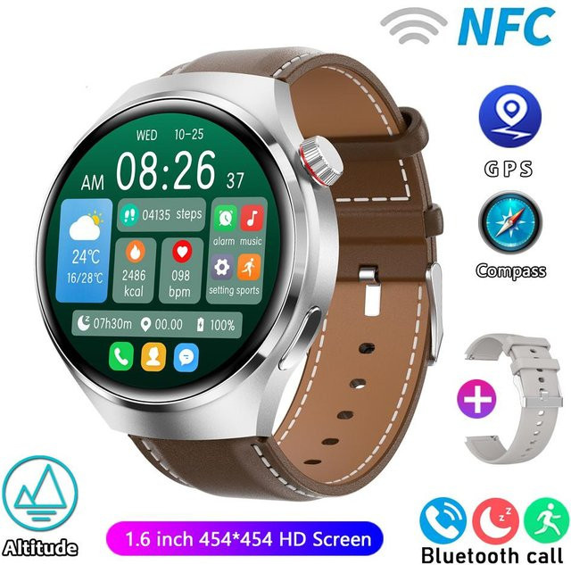 ElectronicsHome Smartwatch Pro für Herren mit AMOLED-Bildschirm, GPS, NFC, Herzfrequenzmessung und Bluetooth-Anruf, Silber mit Lederarmband - Bild 1