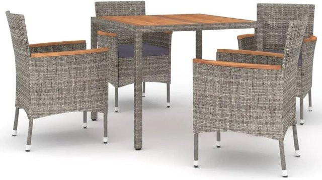 vidaXL 5-tlg Garten-Essgruppe aus Poly Rattan und Akazienholz in Grau mit Kissen - Bild 1
