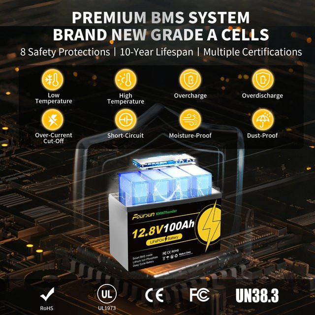 Foursun 12V LiFePO4 Batterie mit integriertem BMS für Wohnmobile, Solarsysteme und Camping in Schwarz - Bild 1