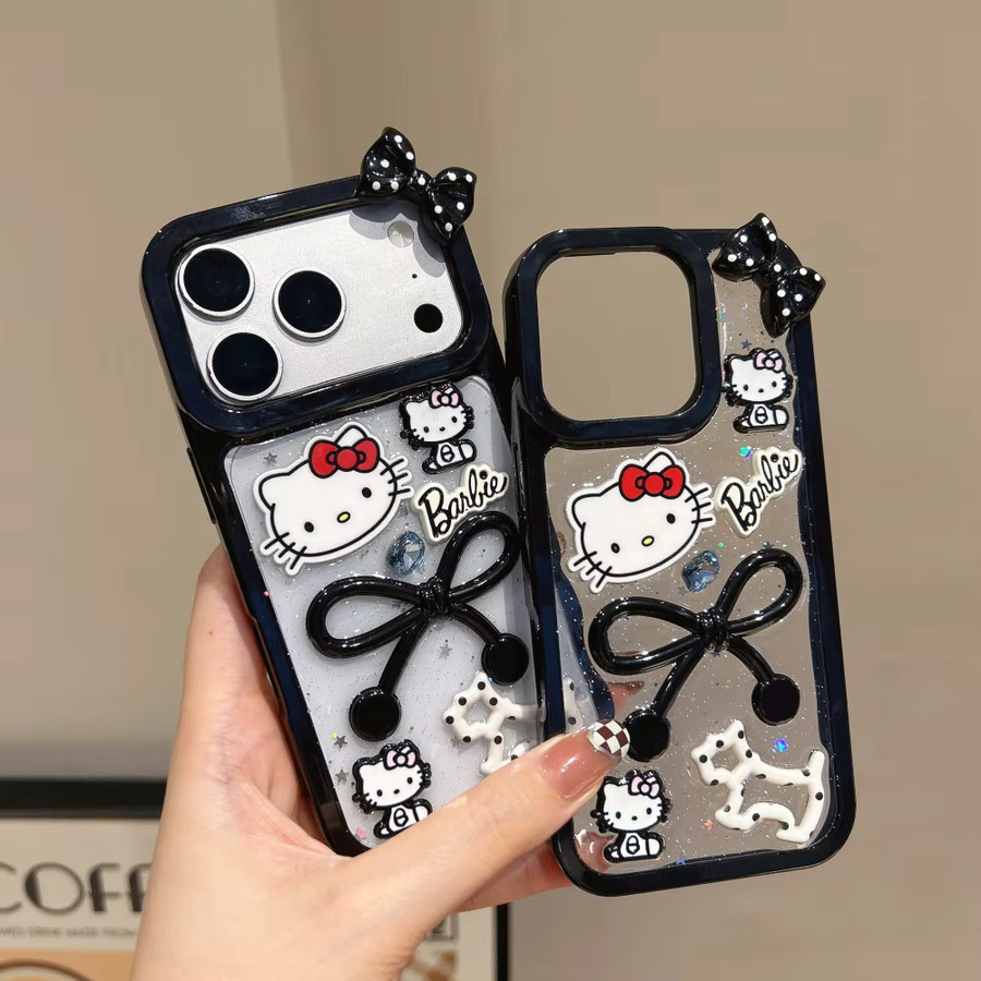Sanrio Hello Kitty Handyhülle mit Glitzerpuder und Schleifen in Schwarz für iPhone 13 14 Plus 15 16 Pro 17 Pro Max, stoßfeste Cartoon-Schutzhülle - Bild 3
