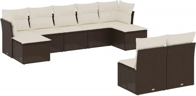 vidaXL 9-tlg. Garten-Sofagarnitur in L-Form aus braunem PE-Rattan mit cremeweißen Kissen und Stauraum - Bild 1
