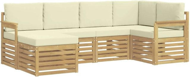 vidaXL Outdoor-Sofagarnitur 6-teilig in L-Form aus Akazienholz mit Polstern in Weiß und Beige - Bild 1