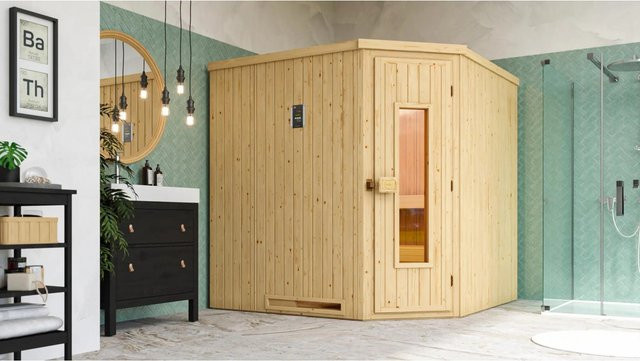 Weka Ecksauna Varberg 3 in Beige mit 7,5 kW Ofen und Holztür, B/H/T: 194 x 199 x 194 cm - Bild 1