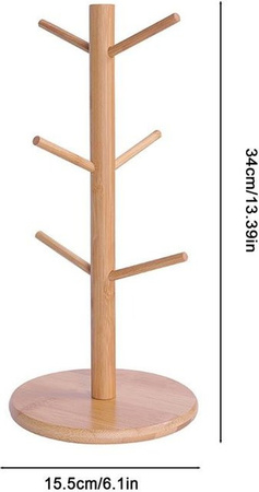 Yiran Furniture Baumförmiges Wandregal aus Holz in Braun mit 6 Haken als Tassenhalter und Becherständer für die Küche