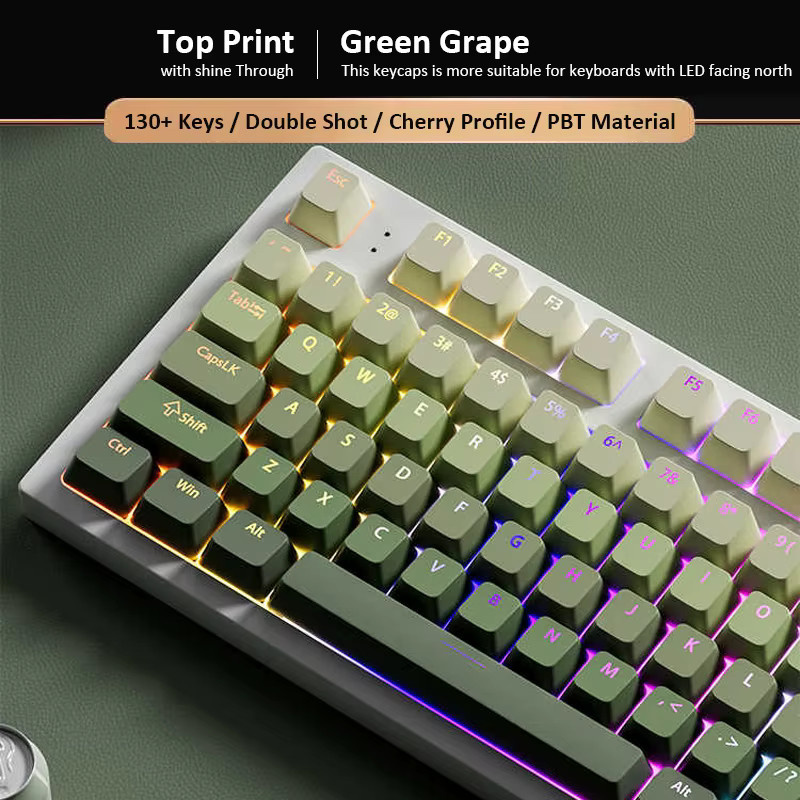 FSWHBY Green Grape PBT-Tastenkappen im Cherry-Profil mit RGB-Hintergrundbeleuchtung für mechanische MX-Switches, 130-teiliges Set in Grün - Bild 2