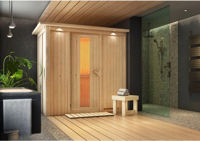 Karibu Sauna Vera mit LED-Dachkranz aus Fichte und Espenholz in Braun, B/T/H: 210 x 132 x 202 cm - Bild 1