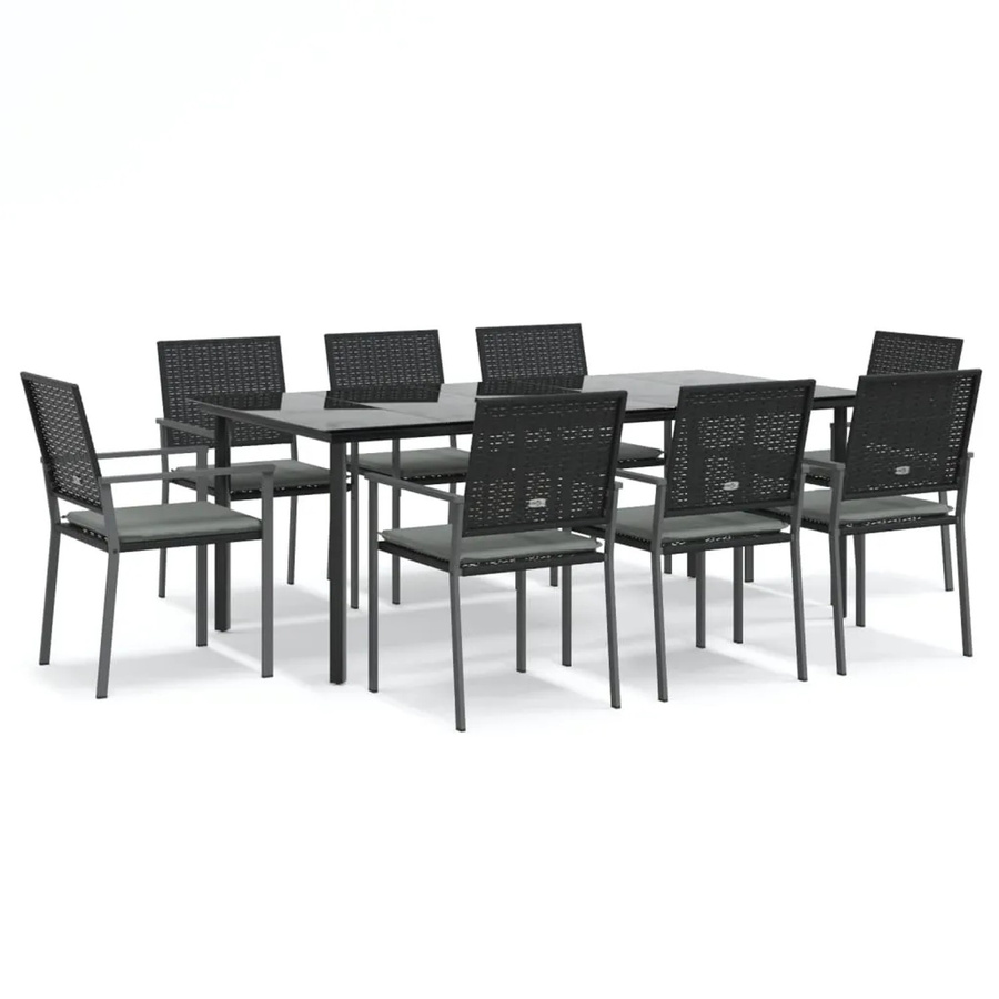 vidaXL 9-teilige Garten-Essgruppe aus Polyrattan und Stahl mit Kissen in Schwarz und Grau - Bild 2