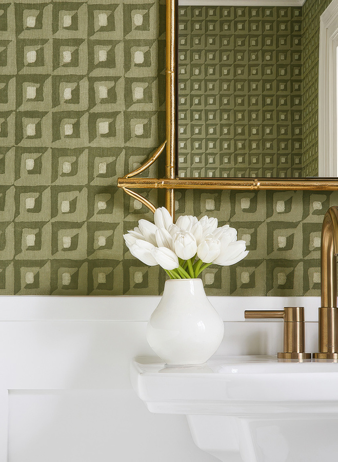 Thibaut Tapete Square Dance in Olive Green mit geometrischem Mid-Century Design aus Vinyl - Bild 1