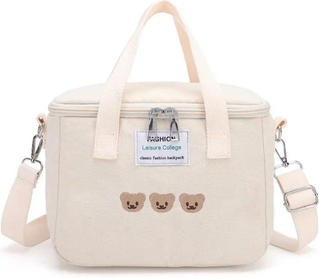 Isolierte Lunchtasche mit Bären-Motiv von NATAWA in Weiß, Thermobox aus Segeltuch für Schule und Picknick, B/H/T: 24,0 x 19,0 x 13,0 cm - Bild 1