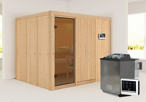 Karibu Sauna Jöhvi Bio-Kombi-Sauna aus Fichtenholz mit 9 kW Saunaofen und externer Steuerung für 4 Personen, beige, B/T/H: 231 x 198 x 196 cm - Bild 1