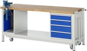 RAU Werkbank Modell 8185 fahrbar und höhenverstellbar mit Schrank und Schubladen in Grau und Blau B/T/H: 200 x 70 cm x 88 cm - Bild 1