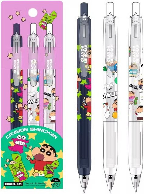 Bandai Crayon Shin-Chan Gelstifte 3er-Pack mit 0,5 mm feiner Spitze in Schwarz, Grün und Multicolour für Schule und Journaling - Bild 1