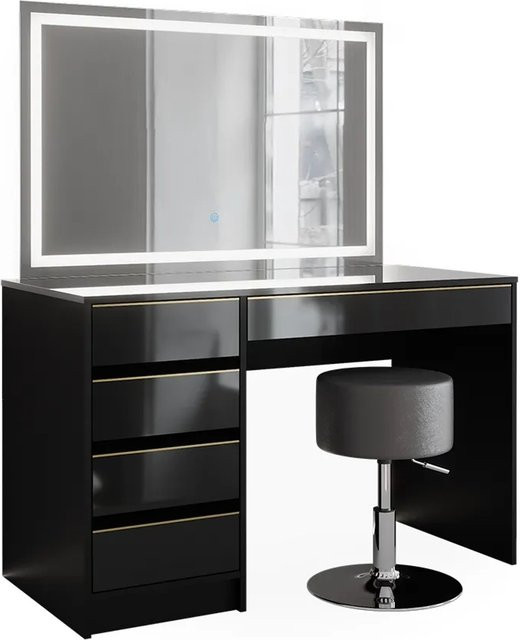 Vicco Schminktisch Sherry in Schwarz Hochglanz mit Gold-Akzenten, inklusive LED-Spiegel und Hocker, B/T/H: 120 x 75 x 75 cm - Bild 2